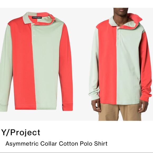 Farfetch - Y Project Asymmetrical Cotton Polo Collar Shirt in Orange and Green - Picture 1 of 10